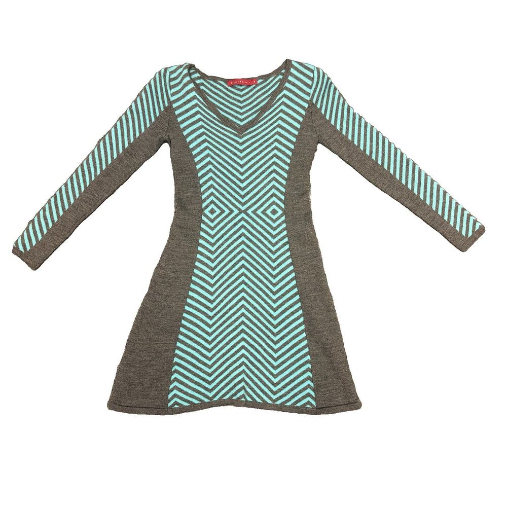 Krimson Klover Sweater Dress Chevron 100% Wool Blue Gray Skater Dress Size S